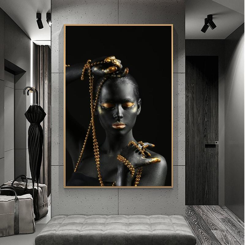 Black Woman Holding Golden Jewelry Canvas Paintings On The Wall Art Posters And Prints African Girl Body Art Pictures Wall Decor