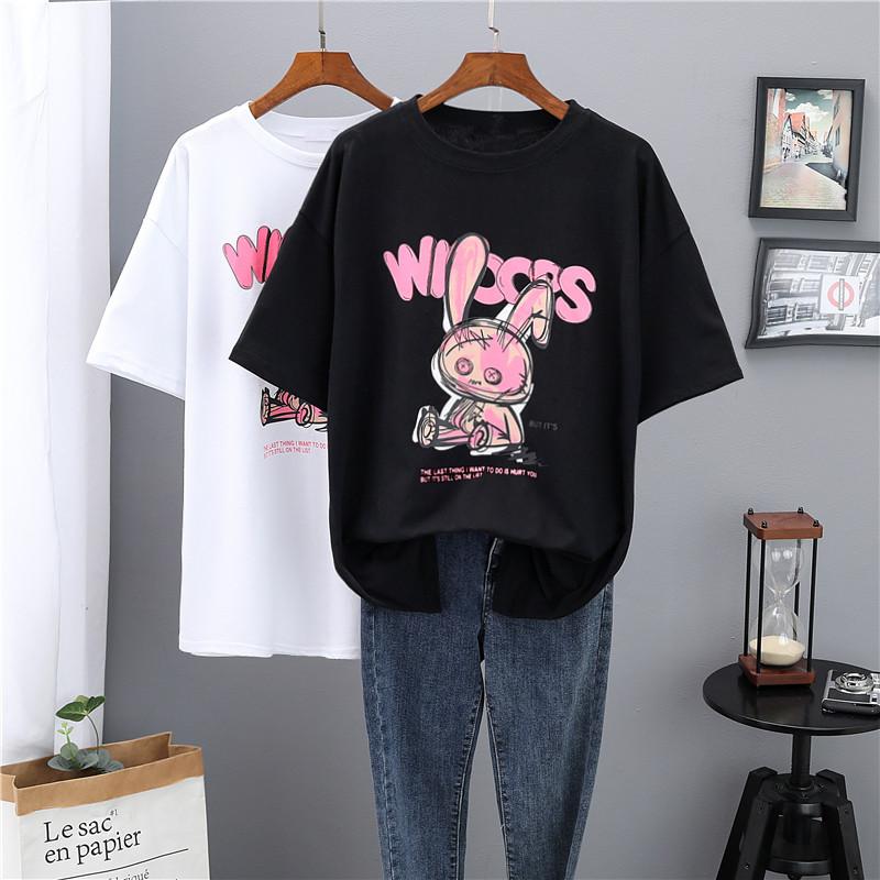 Свободная модная футболка с высоким воротником и принтом кролика — фото 5