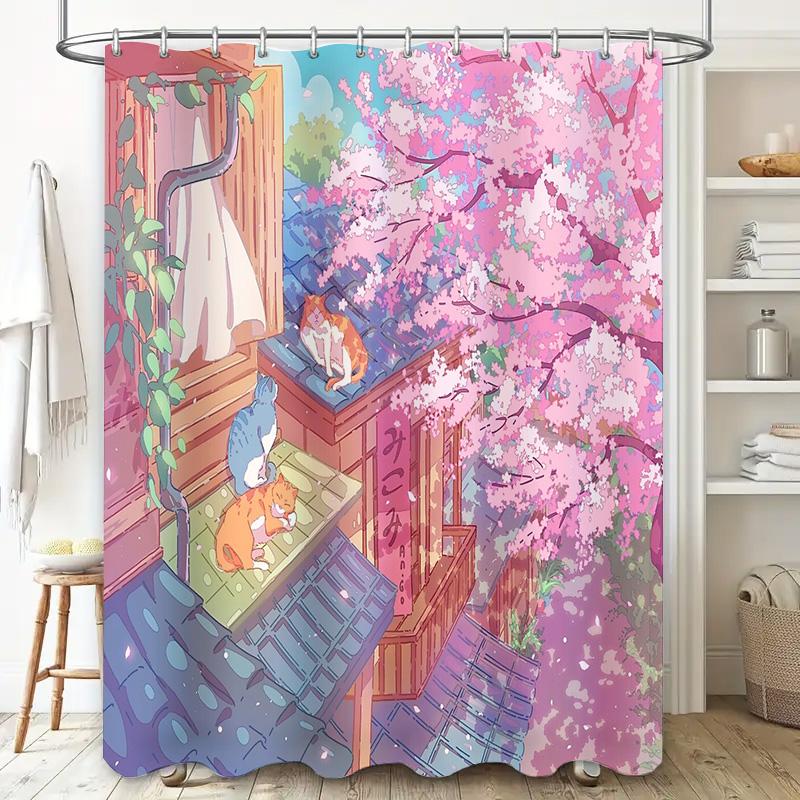 unframed Anime Cat Shower Curtain Japanese Cherry Blossom Decor Washroom Backdrop Cute Pet Themed Home Bathroom Art