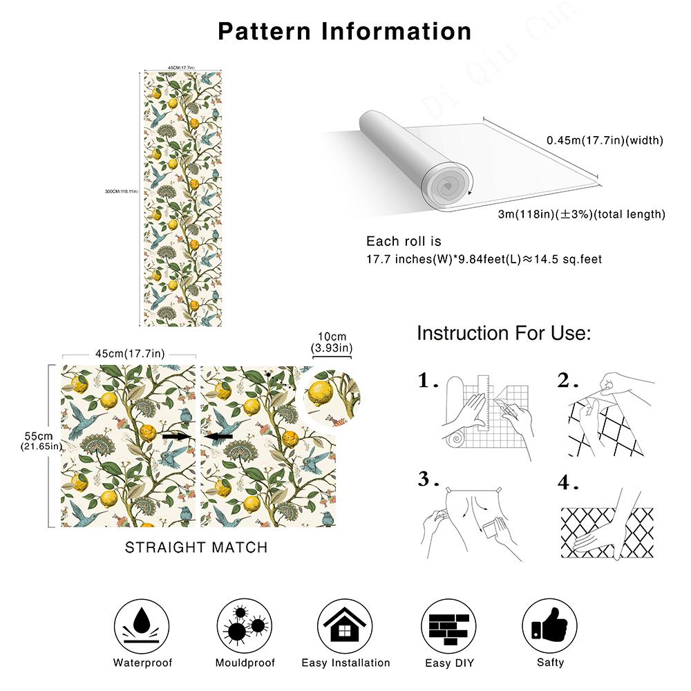 Blue Bird Fresh Lemon Tree Self Adhesive Wallpaper Peel And Stick Removable Waterproof Prepasted Home Decor Wall Covering