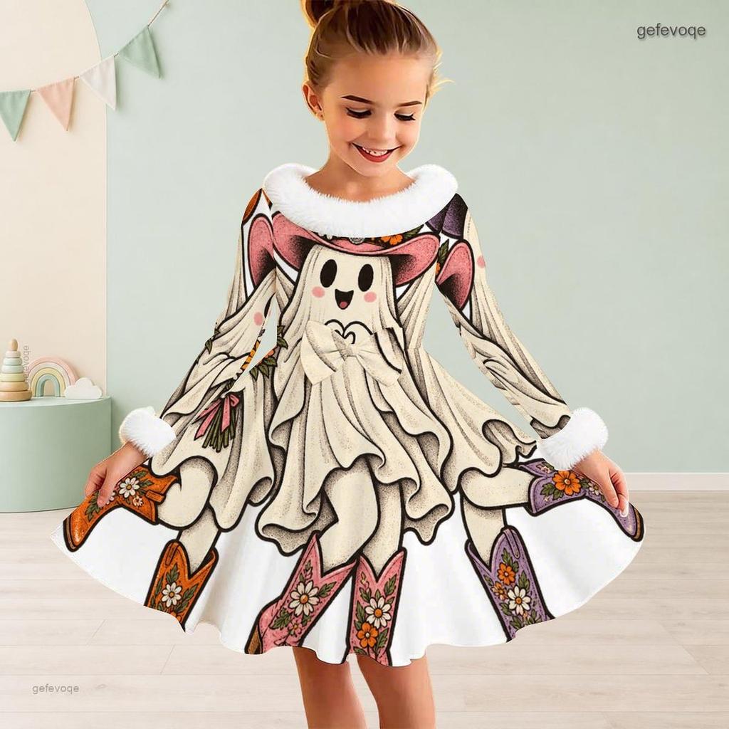 Girls High Neck Long Sleeve Halloween Black Cat Pumpkin Printed Fuzzy Trim A Line Dress