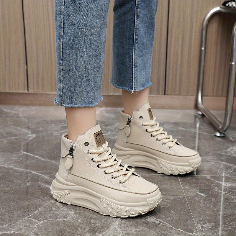 Women's Trendy Platform Sneakers, Lace Up & Side Zipper High Top Skate Shoes, Comfortable Heightening Sports Shoes Plus Size