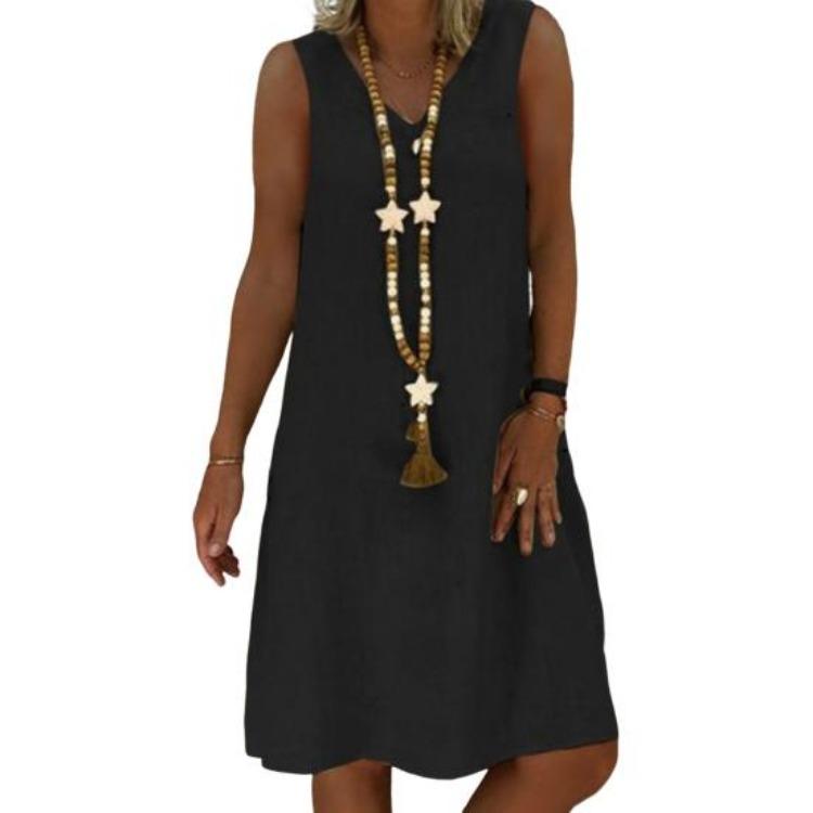 Summer Vacation Beach Dress Lady Sleeveless V Neck A Line Solid Color Knee Length Midi Pullover Vest Dress