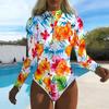 Women Long Sleeve One Piece Swimsuit Zip Front Gradient Flowers Print Rash Guard Surfing Bathing Suit