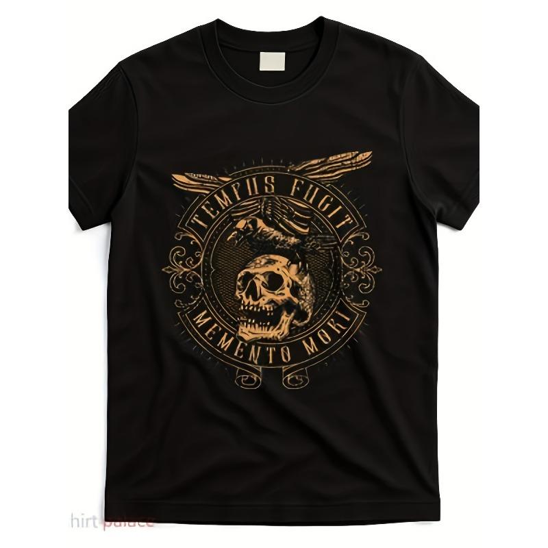 

European sizes Men S Gothic Latin Phrase T-Shirt - Tempus Fugit Memento Mori Skull & Wings Graphic Tee 4XL