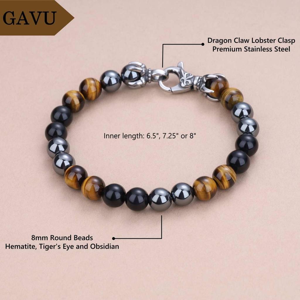 GAVU 8mm Tiger Eye, Obsidian, and Hematite Triple Amulet Bracelet for Men, 21.5cm