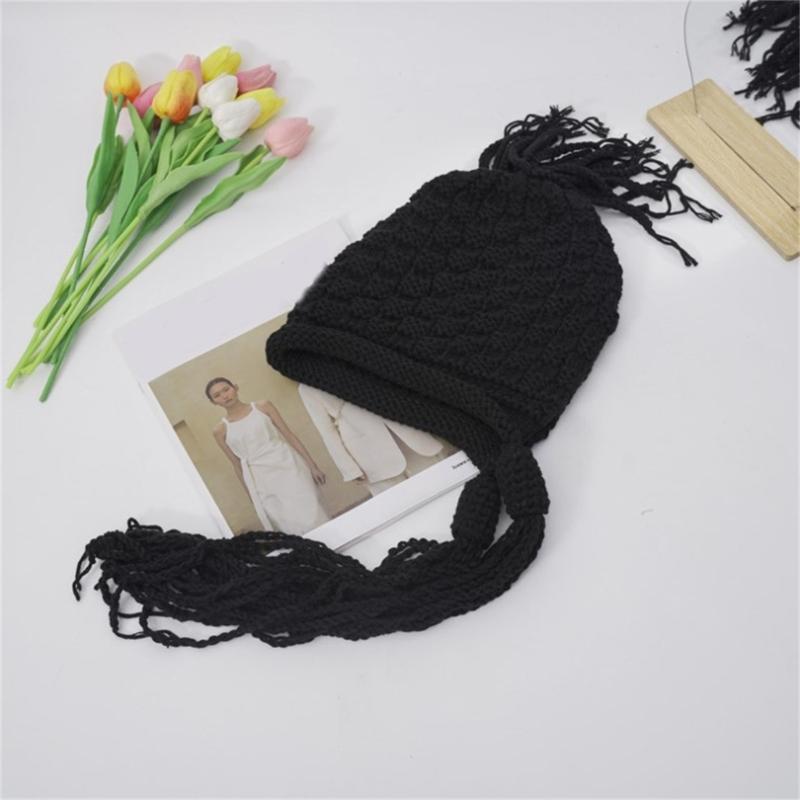 Handmade Fringed Braids Hat Y2K Sweet Girl Warm Beanie Hat InsStyle Bonnet Winter Autumn Skull Hat Pullover Earflap Hat