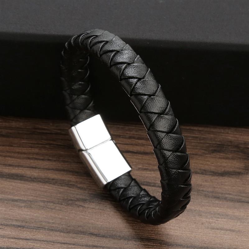 Braided Rope Woven Black Leather Men Bracelets Punk Style Stainless Steel Bangle for Friend Charm Fashion Jewelry Gifts
