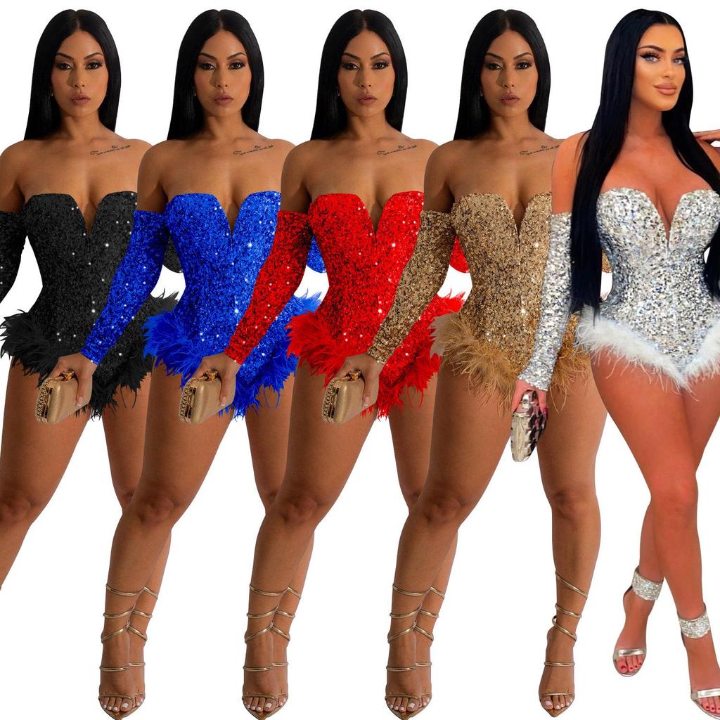 Sequined Long Sleeve Solid Color Jumpsuit with Shorts - Women's Fashion Europe America