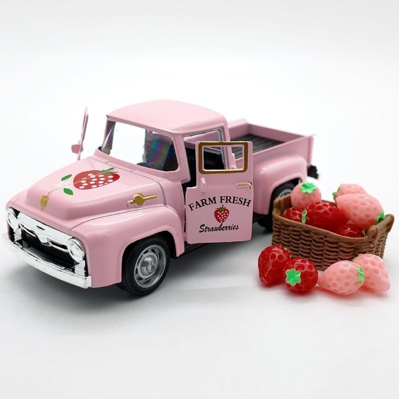 Vintage Classical Strawberry Truck Alloy Decoration Miniature Vehicle Model with Mini Faux Strawberries For Indoor Display Gift