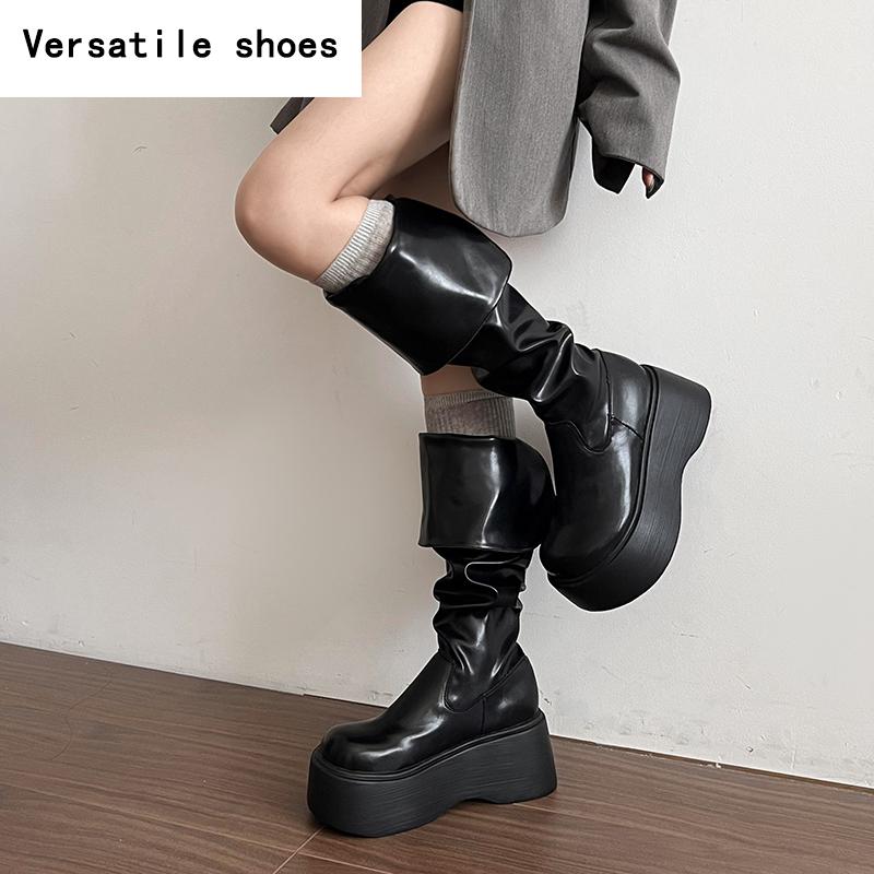 Winter Punk Style Women Knee High Boots Fashion Slip On Knight Long Booties Ladies Casaul Platform Heels Botas Mujer