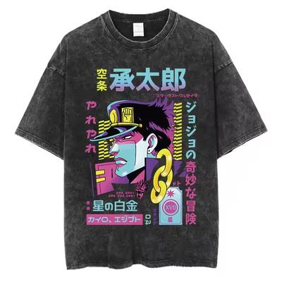 Vintage Washed T-Shirt Herren Sommer Streetwear T-Shirt JoJo Bizarre Adventure Anime Hochwertige Baumwolle Lässig Kurzarm T-Shirt