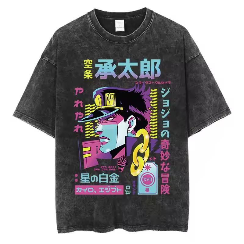 Vintage Washed TShirt Men Summer Streetwear T-shirt JoJo Bizarre Adventure Anime High Quality Cotton Casual Short Sleeve Tshirt