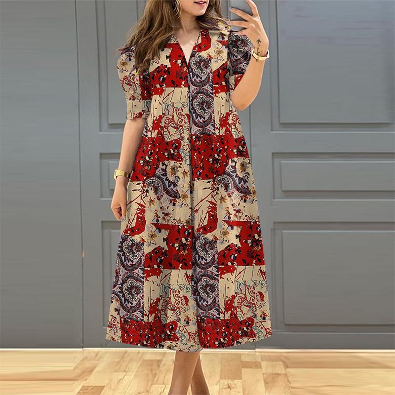 

ZANZEA Женская мода V-образный вырез буфы короткий рукав принт А-силуэт карман платья красный