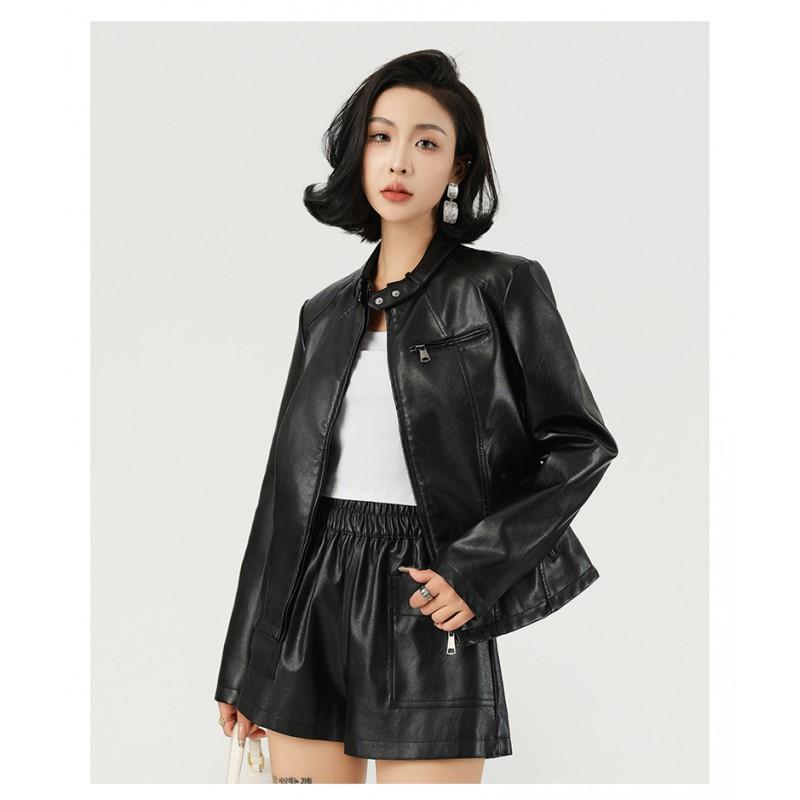 Womens Slim Fit PU Leather Jacket Urban Chic Office Wear Stand Collar Zipper Long Sleeve
