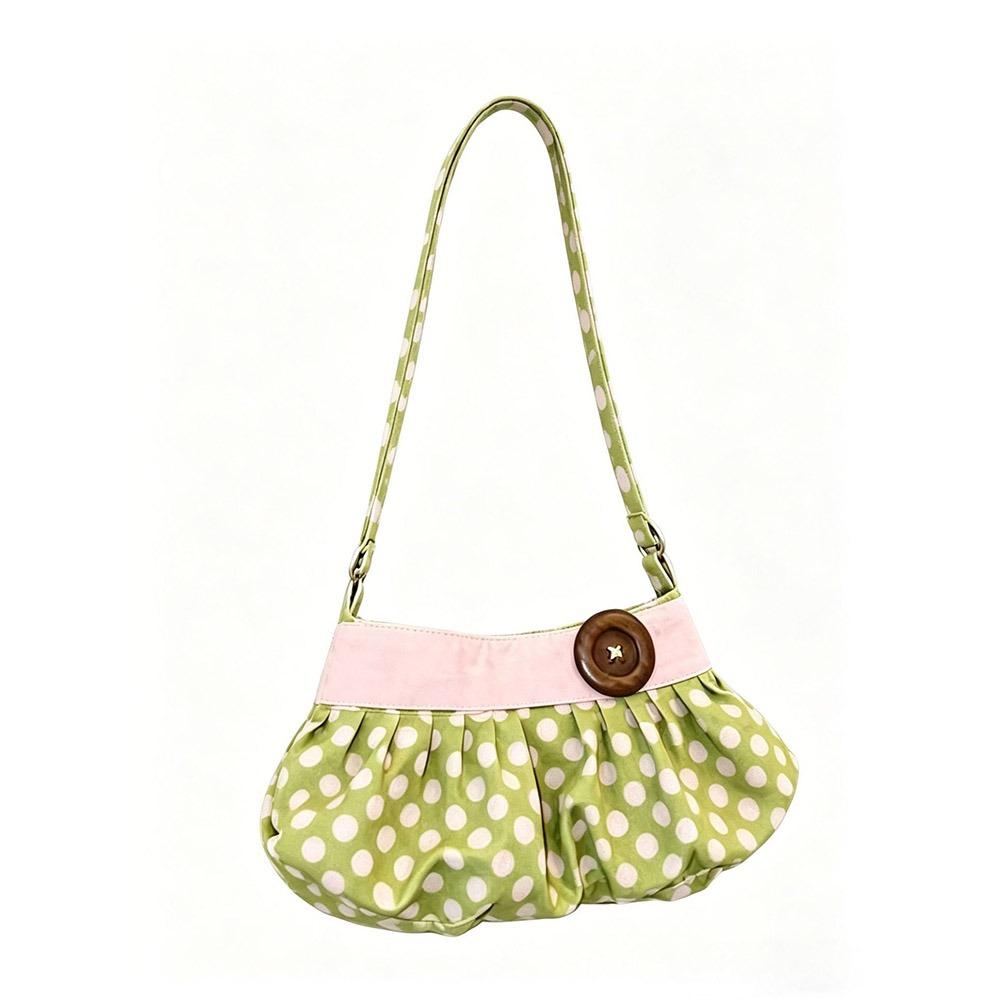 Pleated Design Polka Dot Handbag Wooden Button Decor Polka Dot Korean Handbag Vintage Style Lightweight Large Capacity Tote Bag