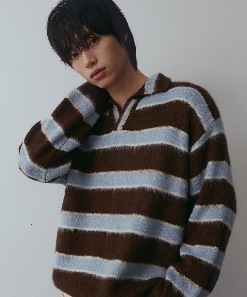 NODU Open Collar Striped Brush Knit [Brown]