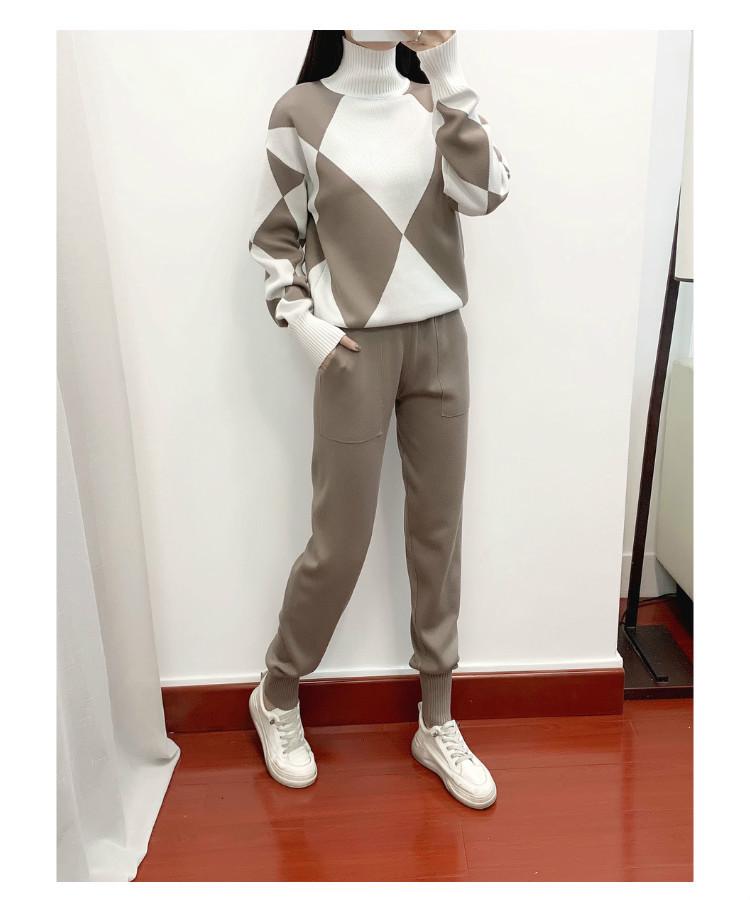 European Style Women's Casual Plaid Knit Sweater Two-Piece Set