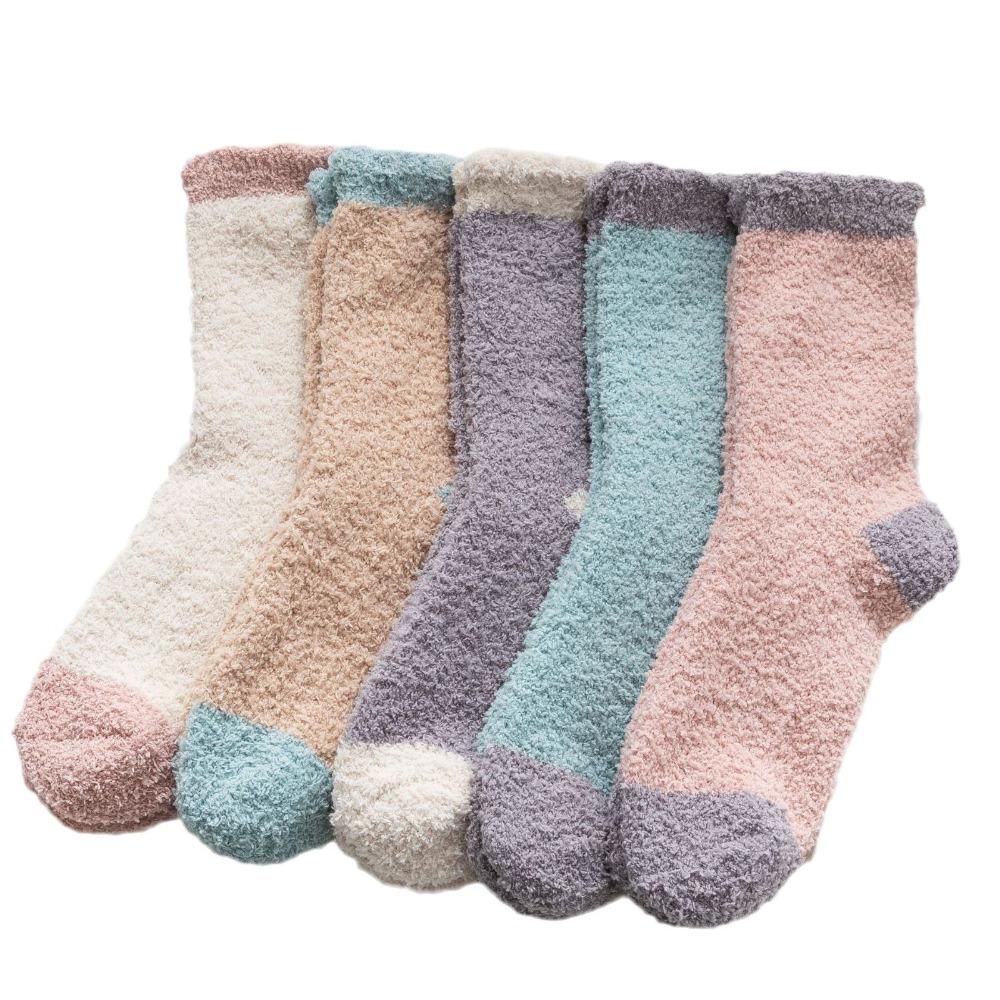 5Pairs Thickened Coral Fleece Socks Patchwork Warm Boat Socks Women  For Female Men