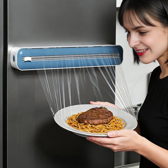 Wall Mounted Wrap Holder Plastic Dispenser with Slider Cutter, No-Drill Mount Magnetic Cutter Tool Cling Film Refillable Food for Kitchen Universal