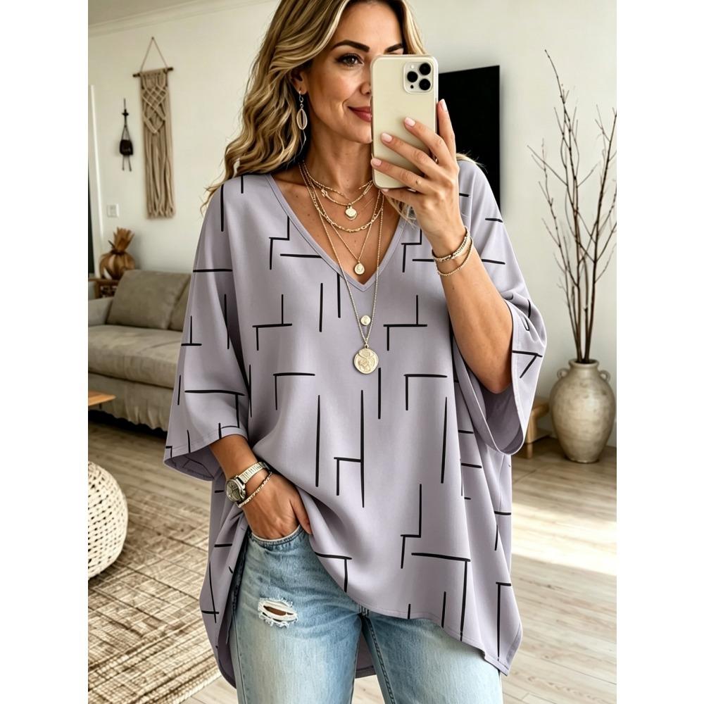 Plus Size Women's V Neck Bat Sleeve T-Shirt Bohemian Ethnic Print Loose Top Casual and Versatile