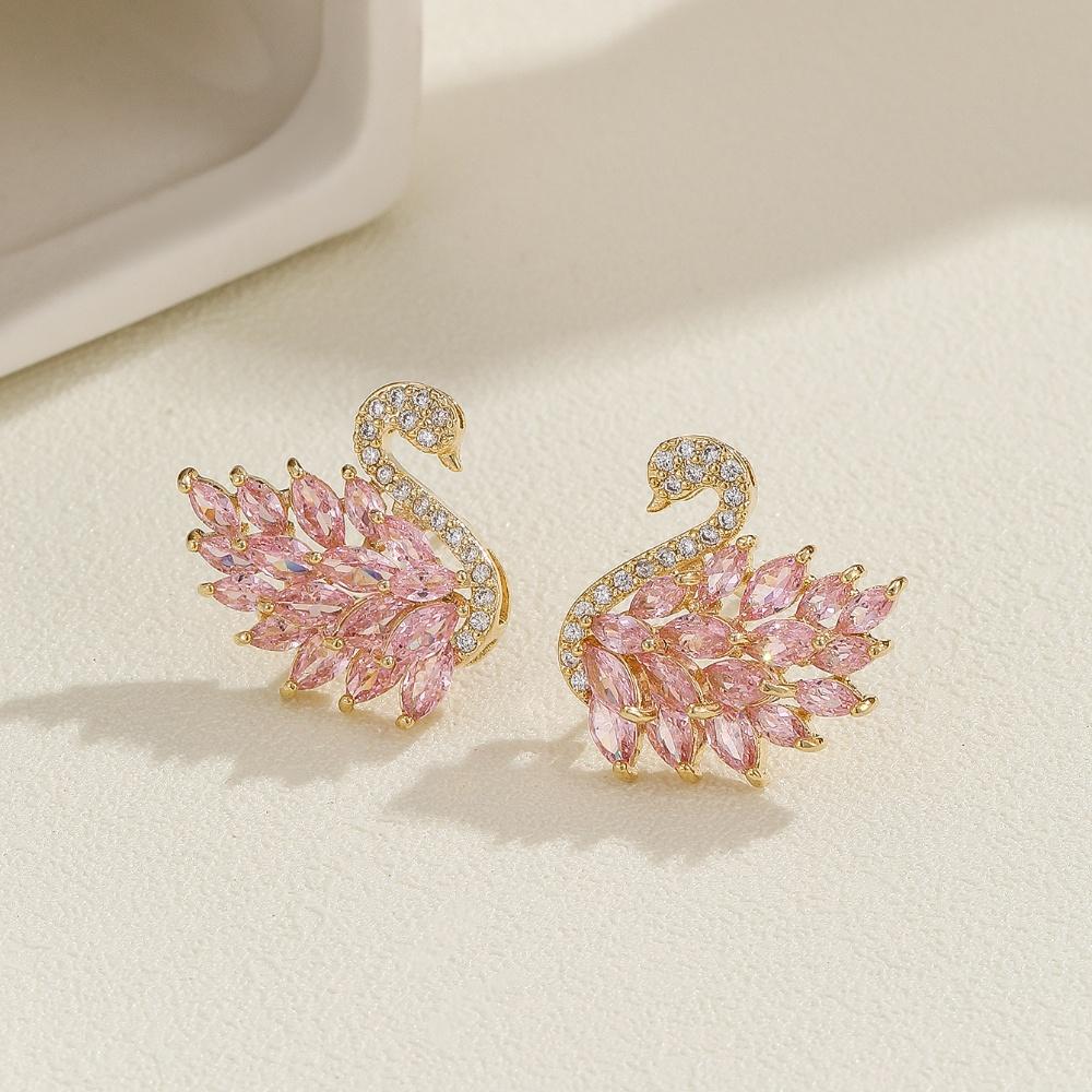 Boucles d'oreilles Cygne Colorées Style Déesse Luxe Léger, Boucles d'oreilles Zirconium Micro-serties, Boucles d'oreilles Longues Mode et Polyvalentes