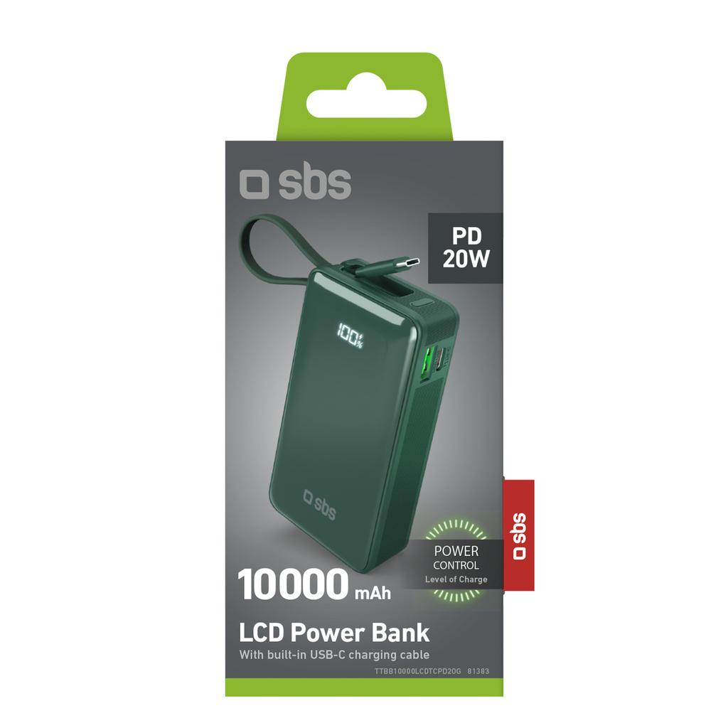 Powerbank 10000mAh USB-A USB-C Z Wyświetlaczem Wbudowanym Kablem USB-C 20W - Zielony