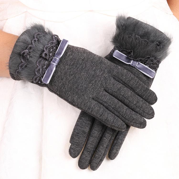 Warme Handschuhe für Damen Nicht-invertierte Samt-Touchscreen-Handschuhe Plus Samt Warm Kaninchenfellkante Spitze Niedliche Herbst- und Winterhandschuhe