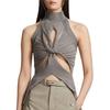 Women's Summer Sleeveless Vest Irregular Hollowed Out Kink Half High Neck Color Crop Knitted Vest Top