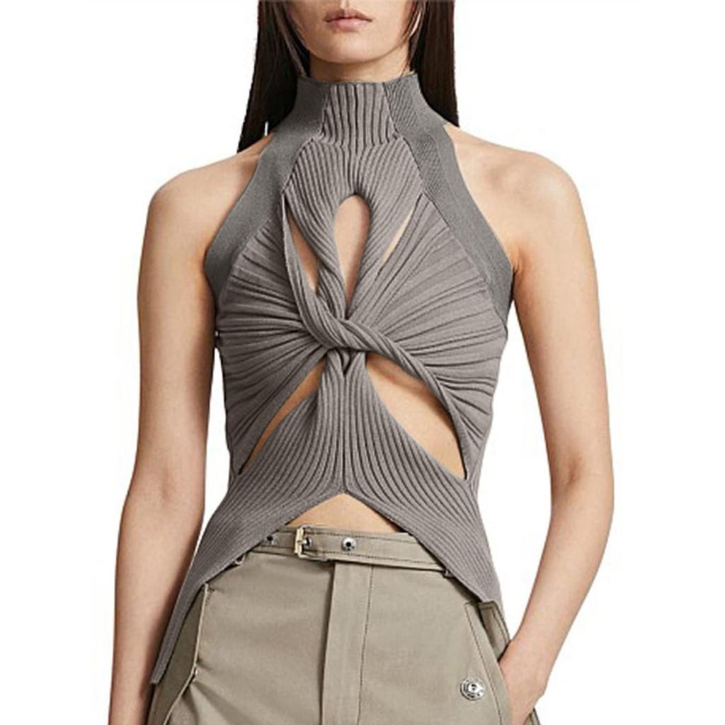 Women's Summer Sleeveless Vest Irregular Hollowed Out Kink Half High Neck Color Crop Knitted Vest Top