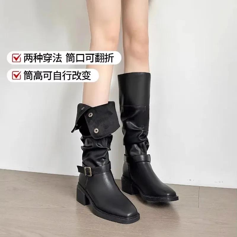Women High Boots Designer Shoes Mid Heels Brand Motorcycle Botas Autumn 2024 Fashion Casual Knee High Motorcycle Botas Pumps