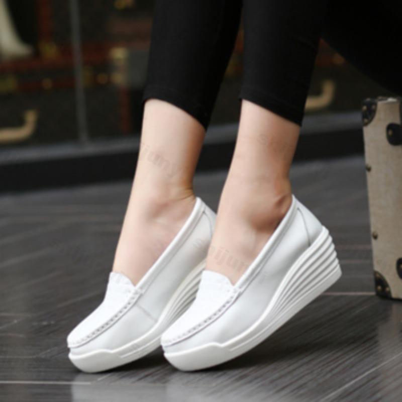 Fashion Women Wedge Platform Shoes 2025 Summer Fashion Comfortable Leather Casual Slip-on Women's Loafers Hollow Out Breathable Shoes