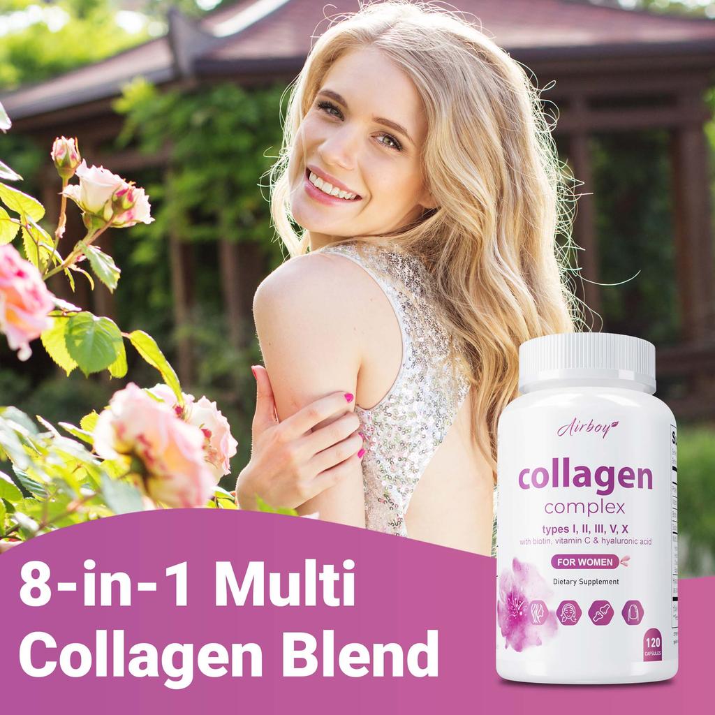 Collagen capsules containing biotin, vitamin C, and hyaluronic acid help maintain skin elasticity and support healthy hair, nails, and joints.