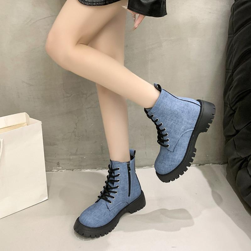 Cloth Thick Heel Single Boots Autumn New Round Toe Front Lace-Up Side Zipper Platform Anti-Slip Wear-Resistant Short Shoes