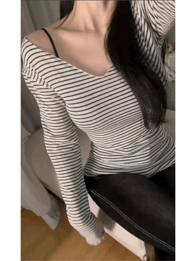 Women's Striped Off-the-Shoulder Slim Fit See-Through Long Sleeve T-Shirt for Autumn/Winter