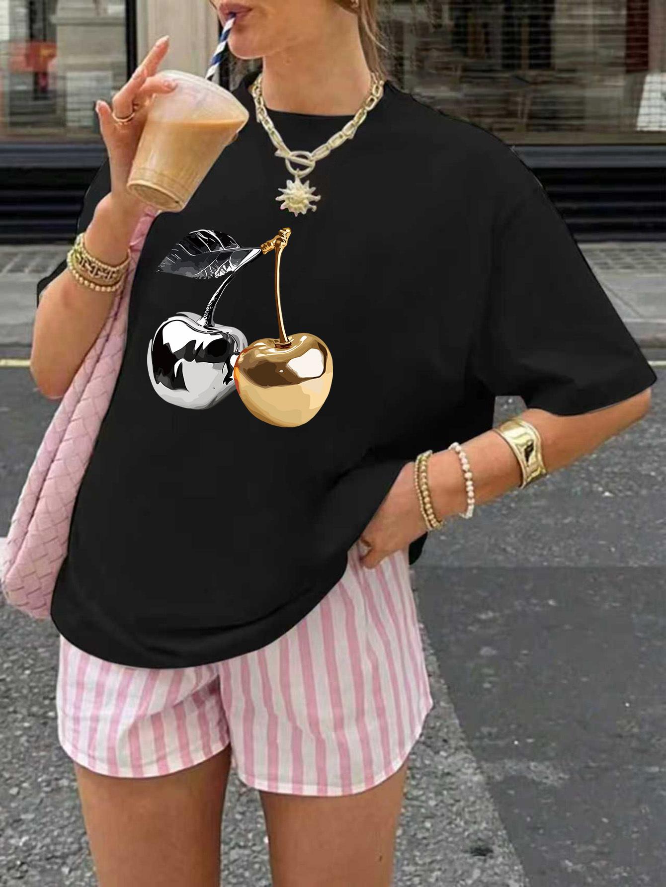 

Ladies Casual Sleeved RoundNeck Golden and Silver Cherry Pattern Print White Regular Style Harajuku Sleeve Aesthetic Clothes 4XL