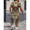 Men's personality clothing black and white Wolf head pattern two-piece set casual crew neck short-sleeved T-shirt and trousers
