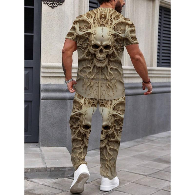 Men's personality clothing black and white Wolf head pattern two-piece set casual crew neck short-sleeved T-shirt and trousers