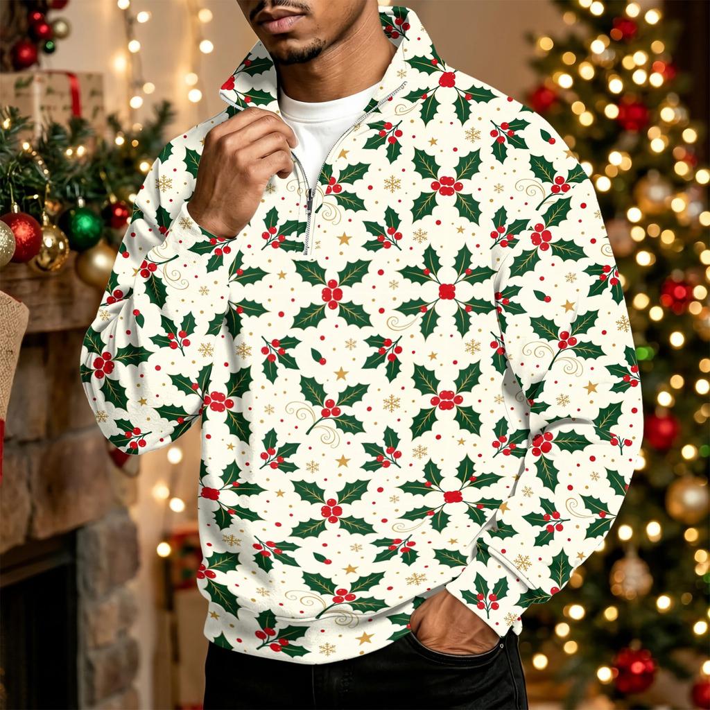 Herren Casual Sweatshirt mit Stehkragen und Weihnachtsdruck für die Feiertage