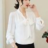 Spring Autumn Elegant Fashion Scarf Collar Lace Up Shirt Women Long Sleeve Solid Collar Pullover Blouse Top
