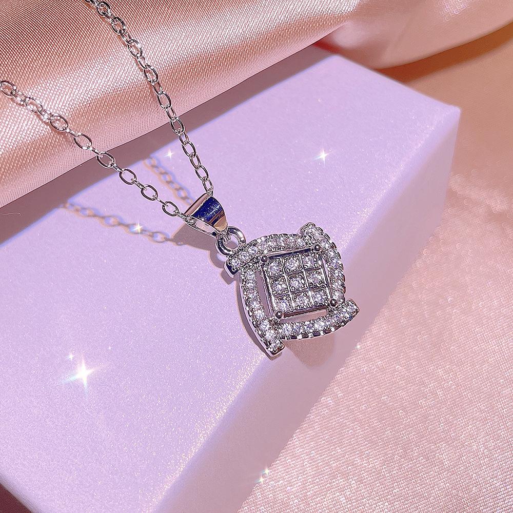 Stamp Square Necklace Stud Earrings Three-Piece Set Fashion Simple Women Micro-set Zircon Earrings Jewelry