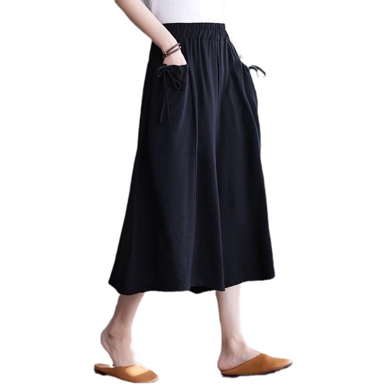 Wide Leg Pants for Women In Summer Loose Fit Plus Size Solid Color Elastic Waistband Large Swing Skirt Pants Casual Cropped Pants