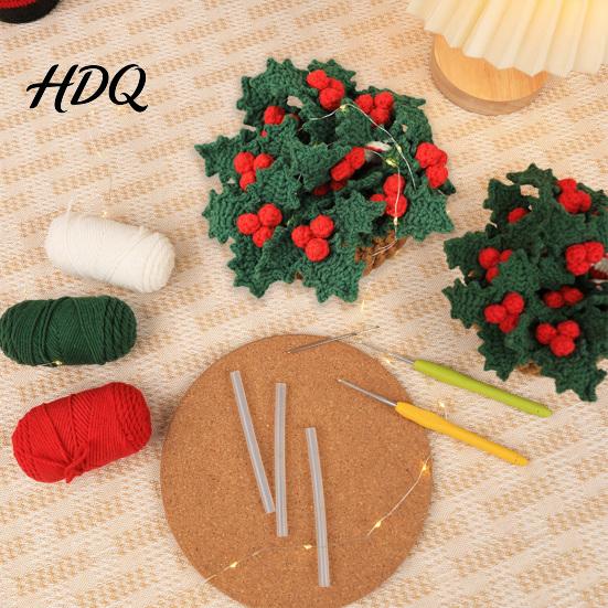 Festive Christmas Home Decor Crochet Cup Coasters with Mini Basket Handmade Holly Plants Soft Yarn for Hand Knitting Berries Mat Set Drinks Tabletop