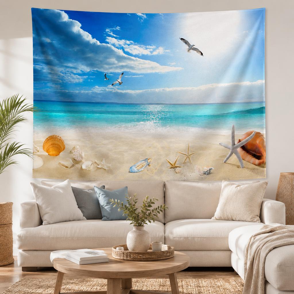 Tropical Seaside Beach Tapestry Starfish Conch Coastal Scenery Wall Art, Beach Themed Home Decor Gift
