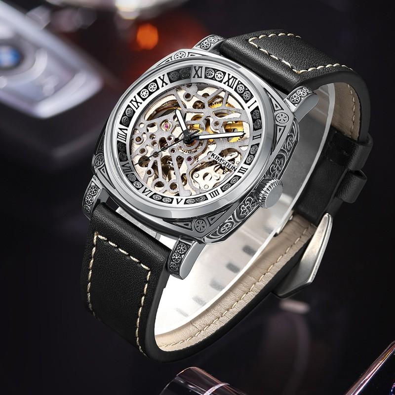 Automatic Mechanical Mens Watch With Dual-Side Hollow Carved Dial Stainless Steel Case Mineral Glass 42mm