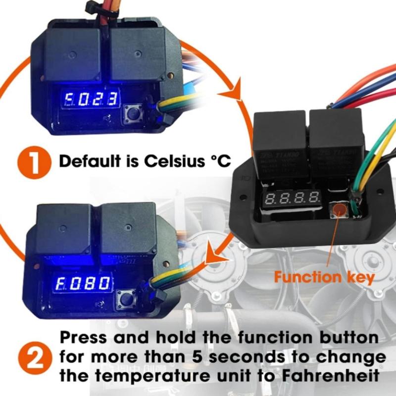 Adjustable Radiator Fan Controller Switches Kit For 12V 24V Vehicles Supports 2 Fans With Digital Temperature Readout