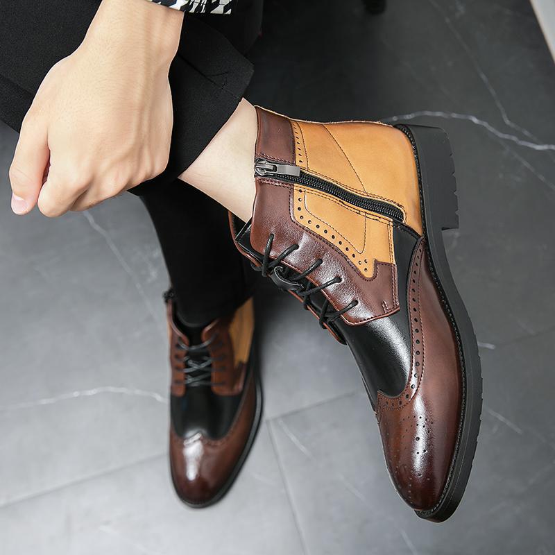 Herren-Arbeitsstiefel mit hohem Schaft, Color-Block-Leder, Spitz zulaufend, Britischer Stil