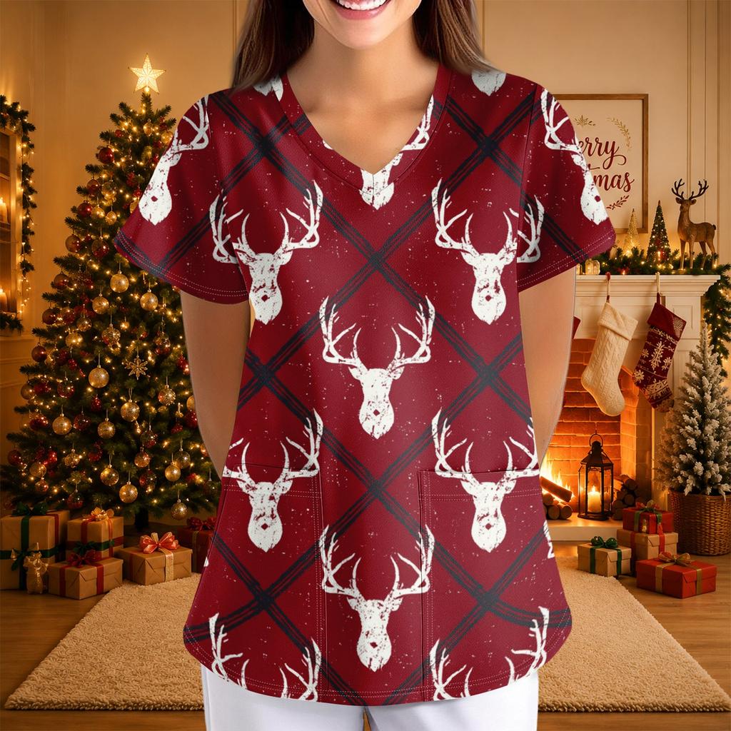 Women's Christmas Print V-Neck Short Sleeve Uniform with Pockets Loose Fit