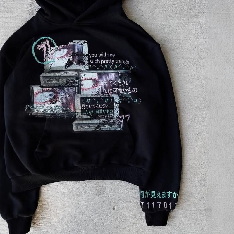 Dark Print Hoodie Women Y2K Streetwear Long Sleeve Casual Loose Fit Pullover