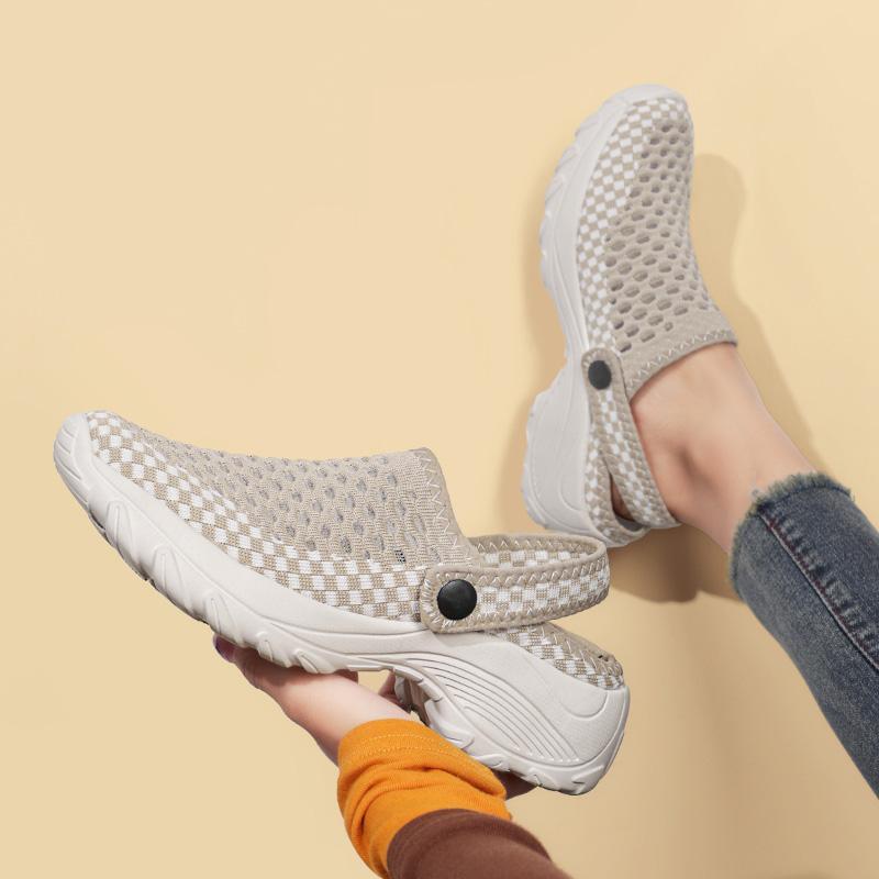 Women Round-toe Half Slippers Breathable Mesh 2 in 1 Slippers Ladies Elastic Casual Walking Shoes Lightweight Slip-ons